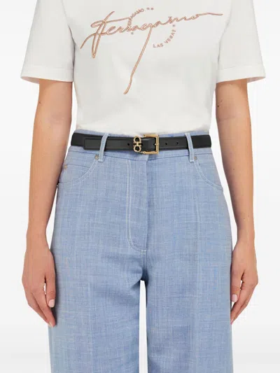 Ferragamo Double Gancini Smooth Leather Slim Belt In Black