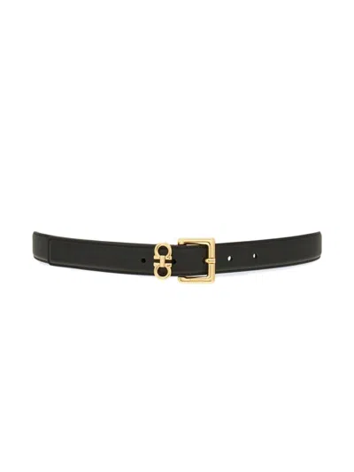 Ferragamo Double Gancini Smooth Leather Slim Belt In Black