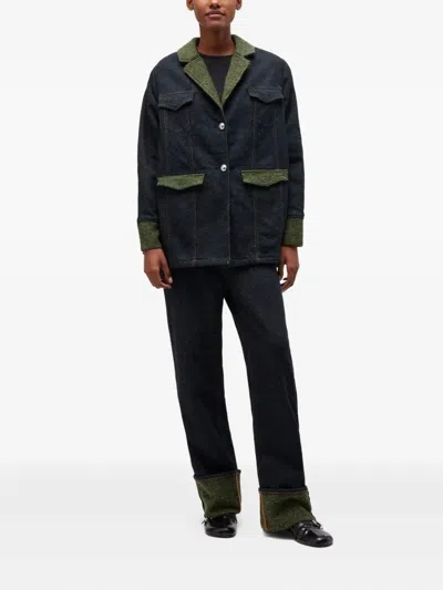 Ganni Melange Twill Denim Baggy Jeans Fold-up In Black