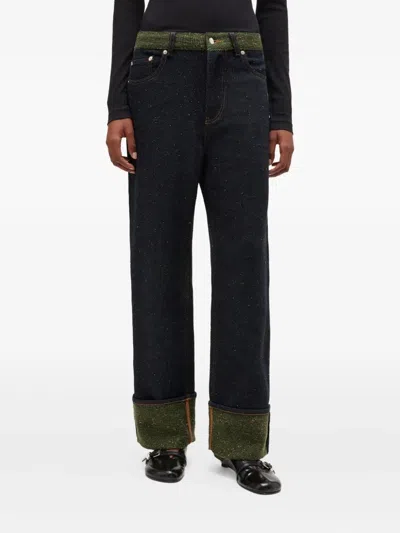 Ganni Melange Twill Denim Baggy Jeans Fold-up In Black