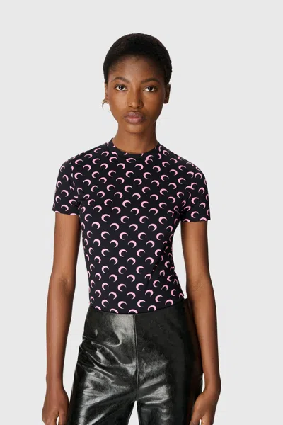 Marine Serre Moon Printed Jersey Ss Crewneck Top Woman Black In Black