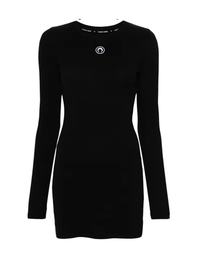 Marine Serre Moon Logo Ribbed Jersey Ls Mini Dresse Woman Black In Black