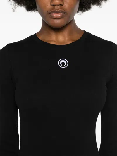 Marine Serre Moon Logo Ribbed Jersey Ls Mini Dresse Woman Black In Black