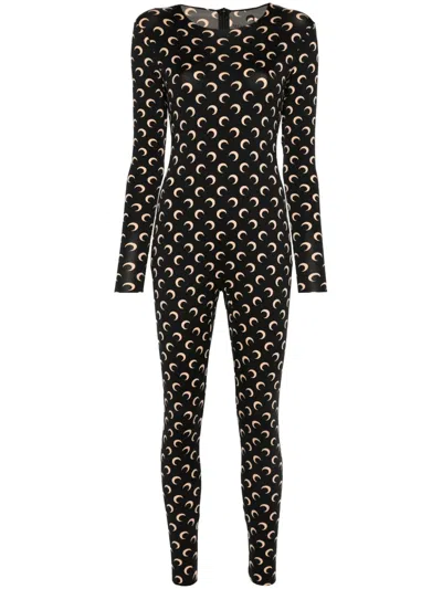 Marine Serre Moon Printed Jersey Catsuit Woman Black And Tan In Black
