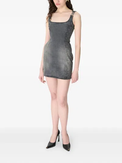 Marine Serre Moon Laser Grey Wash Denim Sleeveless Minidress In Black