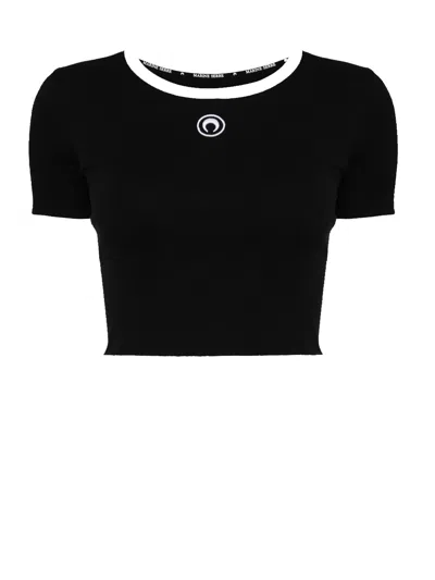 Marine Serre Moon Logo Bicolor Jersey Ss Cropped Top In Black