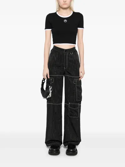 Marine Serre Moon Logo Bicolor Jersey Ss Cropped Top In Black