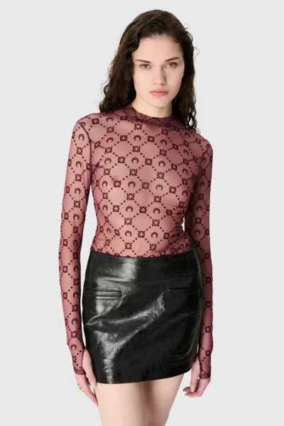 Marine Serre Moongram Mesh Flock Ls Highneck Top Woman Aubergine In Black