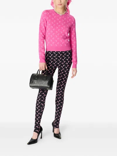 Marine Serre Moon Jacquard Knit Fitted Crewneck Sweater Woman Pink In Pink