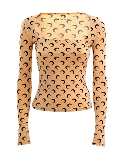 Marine Serre Moon Printed Jersey Ls Squareneck Top Woman Tan In Brown