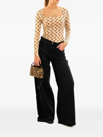 Marine Serre Moon Printed Jersey Ls Squareneck Top Woman Tan In Brown