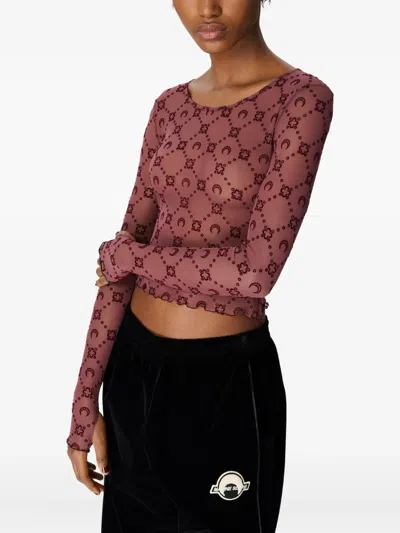 Marine Serre Moonogram Mesh Flock Ls Cropped Top Woman Aubergine In Brown