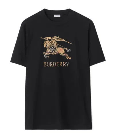 Burberry Men Black Crewneck T-shirt With Ekd And Logo Lettering Embroidery On The Front In Cotton Ma In Black