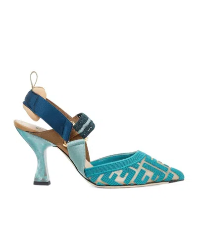 Fendi Light Blue Ff Fabric High-heeled Slingbacks In Blue