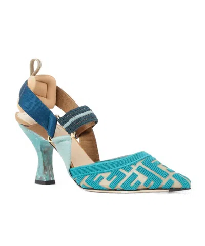 Fendi Light Blue Ff Fabric High-heeled Slingbacks In Blue