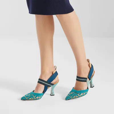 Fendi Light Blue Ff Fabric High-heeled Slingbacks In Blue