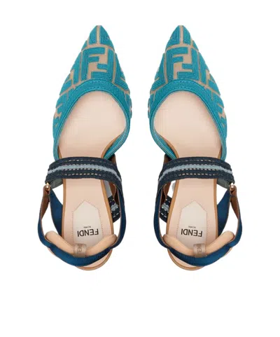 Fendi Light Blue Ff Fabric High-heeled Slingbacks In Blue