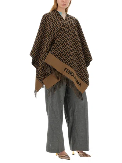 Fendi Geometric Patterned Square Poncho In Wool And Cashmere Blend In Brown