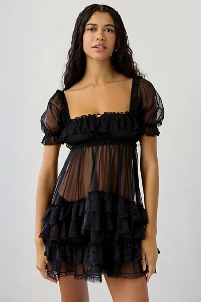 Out From Under Sweetie Pie Lace Trim Ruffle Sleep Dress In Black, Women's At Urban Outfitters In Black