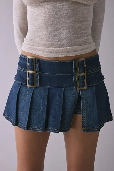 Bdg Double Trouble Belted Denim Micro Mini Skort In Indigo, Women's At Urban Outfitters In Blue
