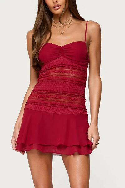 Edikted Marcia Chiffon Lacey Mini Dress In Red, Women's At Urban Outfitters In Red