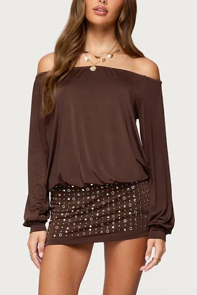 Edikted Studded Off Shoulder Backless Romper In Brown, Women's At Urban Outfitters In Brown
