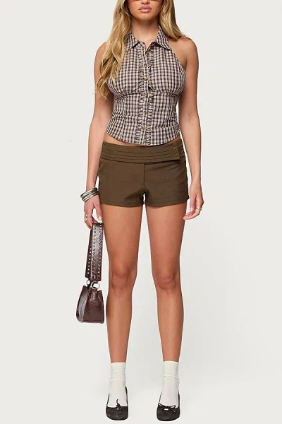Edikted Karla Pleated Tailored Micro Shorts In Brown, Women's At Urban Outfitters In Brown
