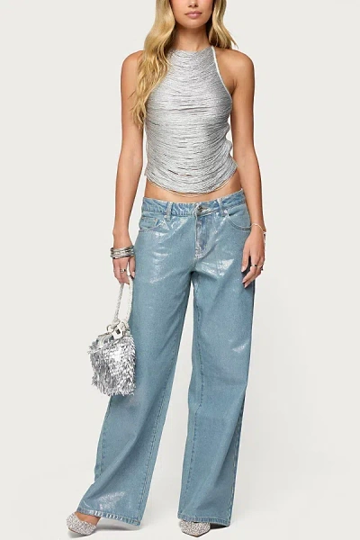 Edikted Jenney Shiny Low Rise Baggy Jeans In Silver, Women's At Urban Outfitters In Blue