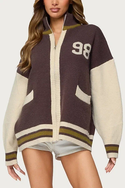 Edikted 98 Varsity Zip Up Sweater In Brown, Women's At Urban Outfitters In Multi