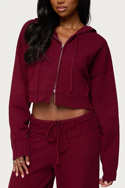 Edikted Russell Knit Hooded Cardigan In Burgundy, Women's At Urban Outfitters In Burgundy