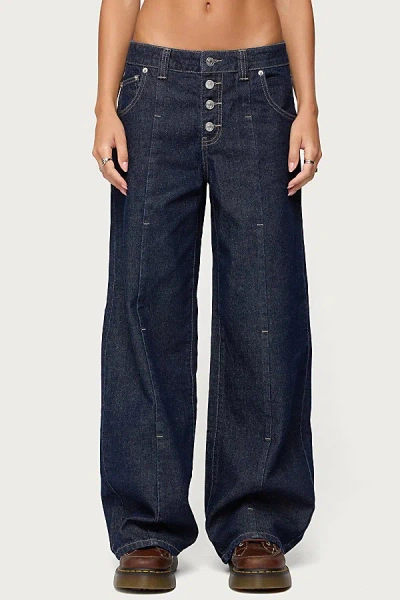 Edikted Polley Button Up Low Rise Baggy Jeans In Dark/blue/washed, Women's At Urban Outfitters In Blue