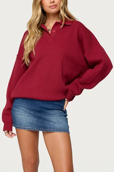 Edikted Lorie Oversized Knit Polo Sweater In Red, Women's At Urban Outfitters In Red