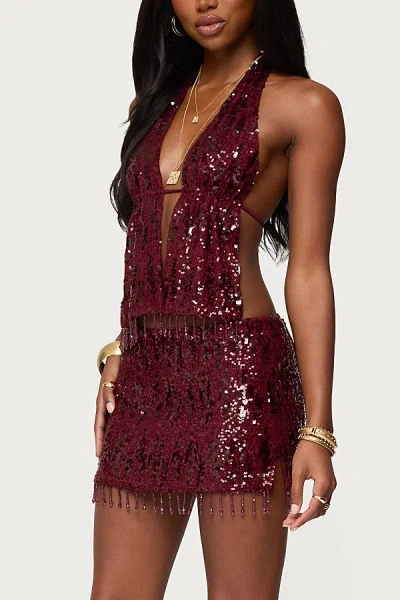 Edikted Chiffon Sequin Bead Fringed Mini Skirt In Burgundy, Women's At Urban Outfitters In Red