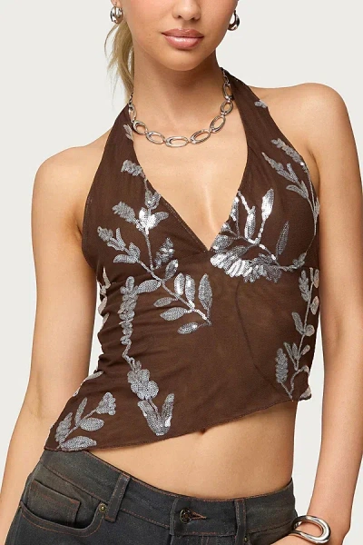 Edikted Sequin Asymmetric Mesh Halter Top In Brown, Women's At Urban Outfitters In Brown