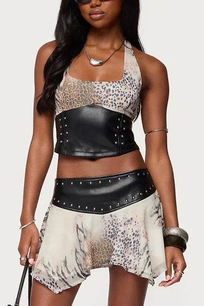 Edikted Letta Printed Chiffon Faux Leather Top In Mix, Women's At Urban Outfitters In Multi