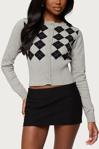 Edikted Noya Argyle Knit Cardigan In Gray/melange, Women's At Urban Outfitters In Gray
