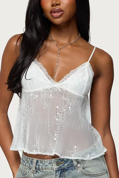 Edikted Sequin Sheer Mesh Babydoll Top In White, Women's At Urban Outfitters In White
