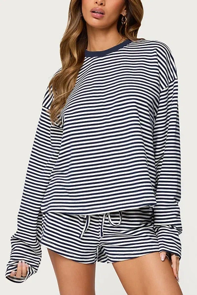 Edikted Jainee Striped Long Sleeve T Shirt In Navy, Women's At Urban Outfitters In Black