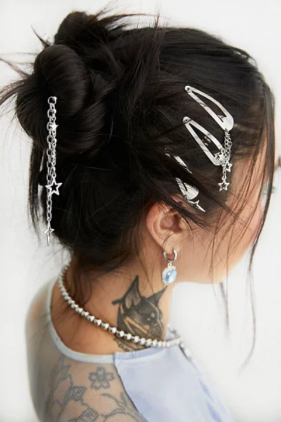 Velvet Luna Star Charms Snap Hair Clips - Set Of 3 In Silver, Women's At Urban Outfitters In Metallic