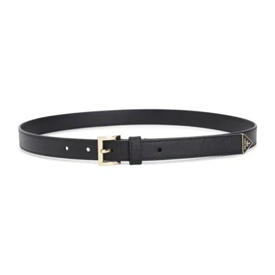 Prada Adjustable Leather Belt With Golden Hardware In Black