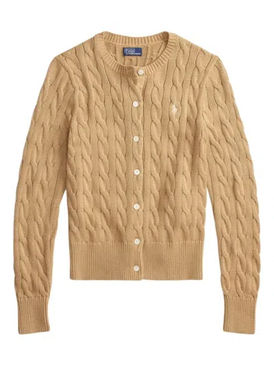 Ralph Lauren Khaki Crewneck Logo Cardigan In Brown
