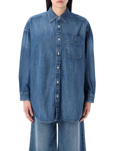 Ralph Lauren Blue Spread Collar Logo Denim Shirt In Blue