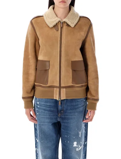 Ralph Lauren Beige Shearling Collar Bomber Jacket In Brown