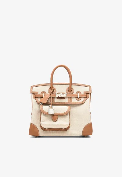 Hermes Birkin 25 Cargo In Ecru And Beige Toile H And Gold Swift With Palladium Hardware In Sand
