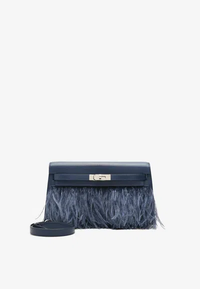Hermes Kelly Elan Folie In Bleu Saphir Chevre Chamkila And Ostrich Feathers With Palladiun Hardware In Blue