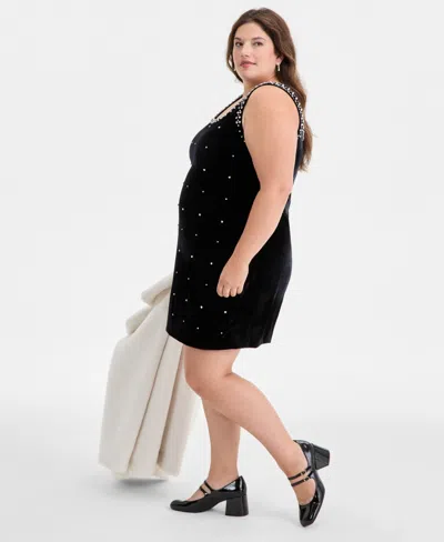 On 34th Trendy Plus Size Rhinestone-embellished Mini Dress, Macy's Exclusive In Black