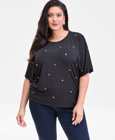 Inc International Concepts Plus Size Embellished Dolman-sleeve Top, Macy's Exclusive In Black