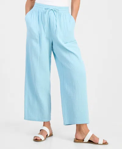 Style & Co Petite Gauze Wide-leg Pull-on Pants, Created For Macy's In Blue