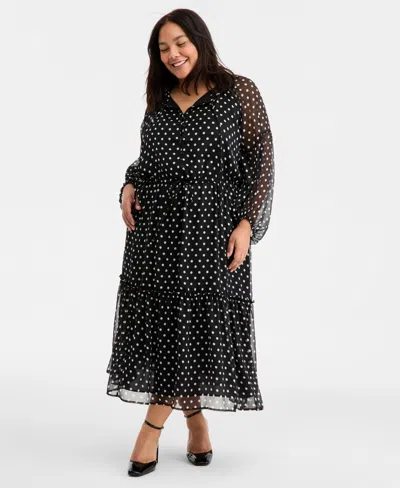 On 34th Trendy Plus Size Chiffon Polka-dot Tie-waist Maxi Dress, Macy's Exclusive In Black