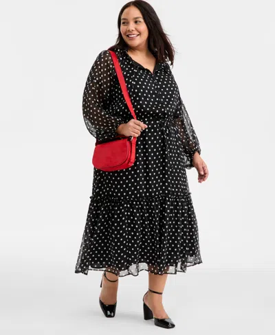On 34th Trendy Plus Size Chiffon Polka-dot Tie-waist Maxi Dress, Macy's Exclusive In Black
